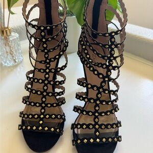 Zigi Soho Black Strappy High-Heel Sandals with Gold Studs